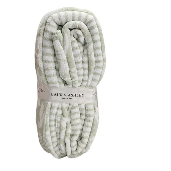Laura‎ Ashley King Plush Blanket Reversible Floral Stripe Sage Ivory Shabby Chic - Picture 3 of 16